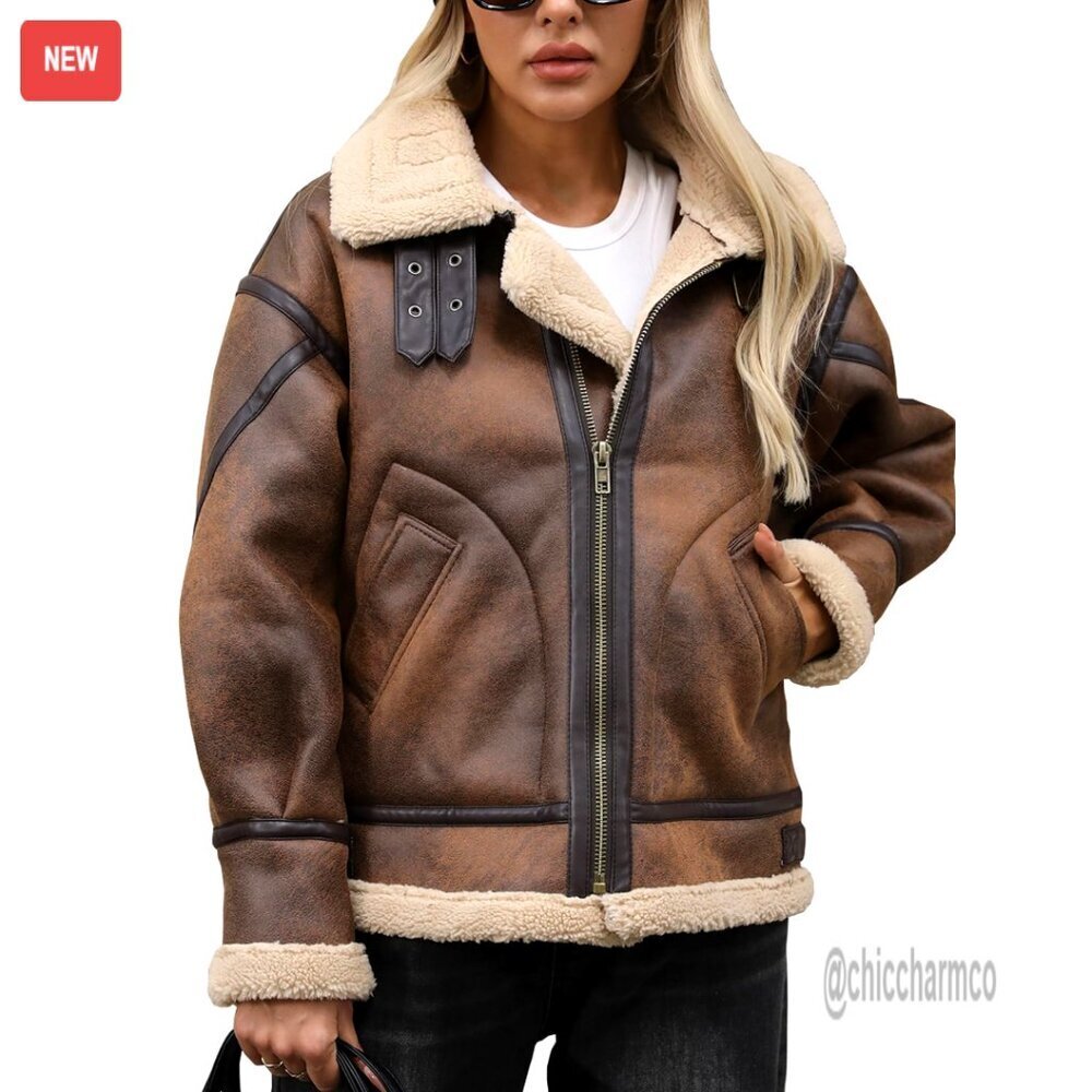 Women's Faux Leather Bomber Jacket Sherpa Lined Winter Coat